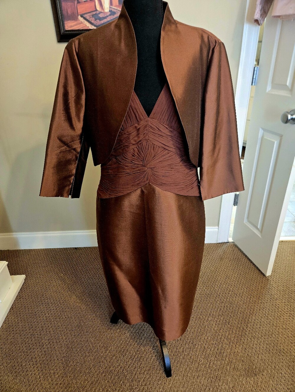Adrianna Papell Copper-Brown Satin Bolero and Dress Set